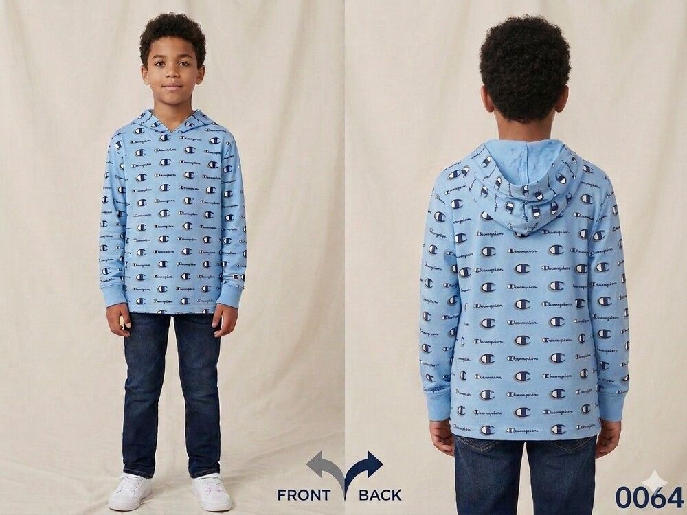 Champion Boys Long Sleeve Blue Hoodie Shirt With All-Over Logo Print Size M 0064